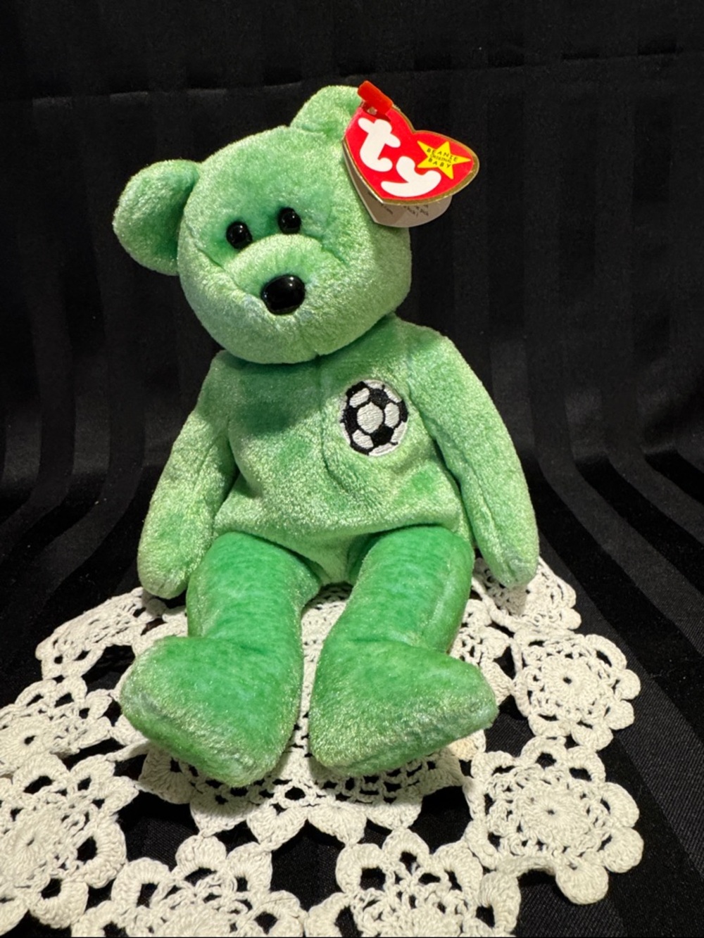 Soccer Ty -Original Beanie Baby, Kicks is a Green Bear with Soccer Emblem